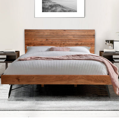 BENZARA Bree Modern Rustic King Size Platform Bed, Brown Acacia Wood Frame, Black Metal Angled Legs - UPT-293425