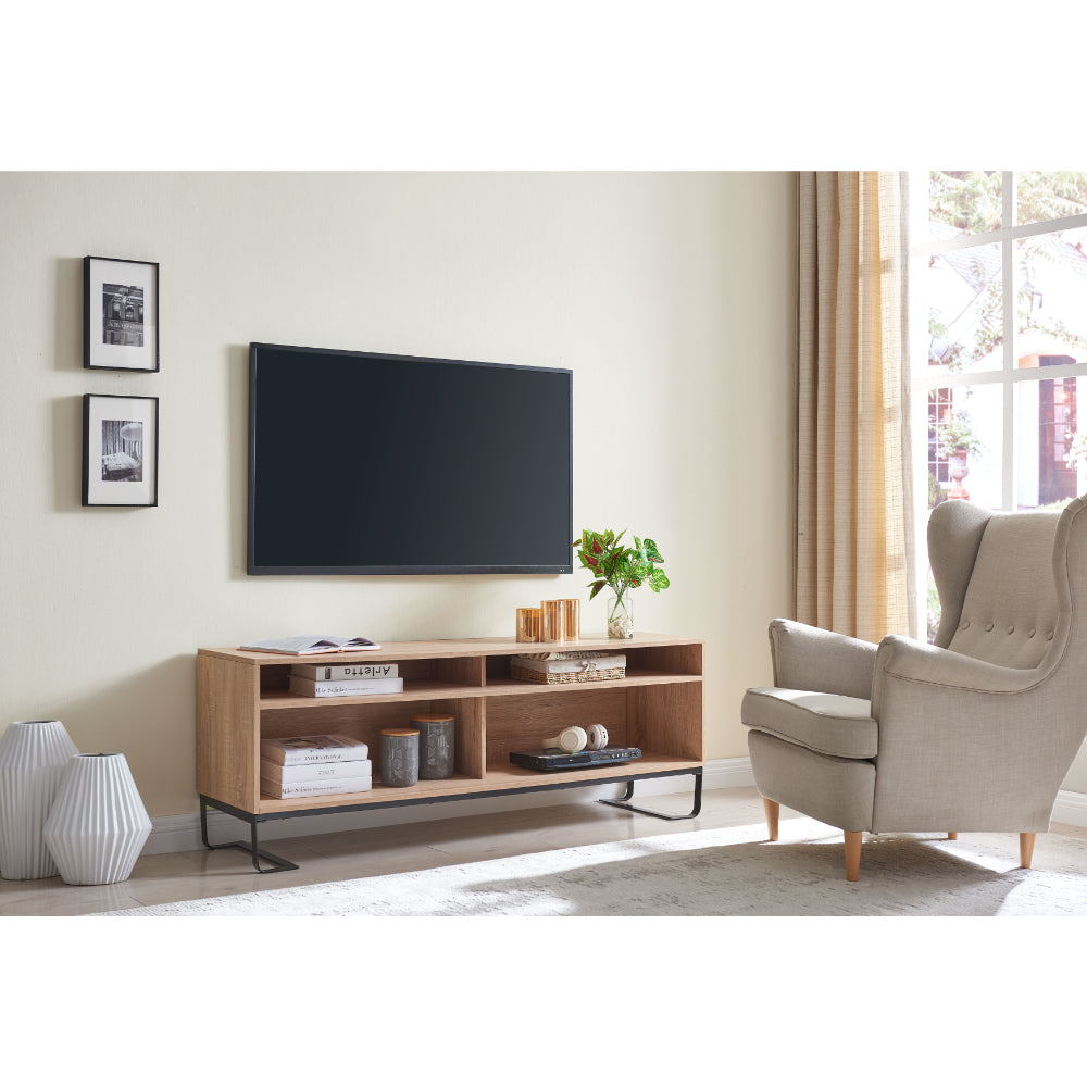 BENZARA 60 Inch Modern TV Media Entertainment Console, 4 Compartments, Metal Frame Base, Light Oak Brown - UPT-294321