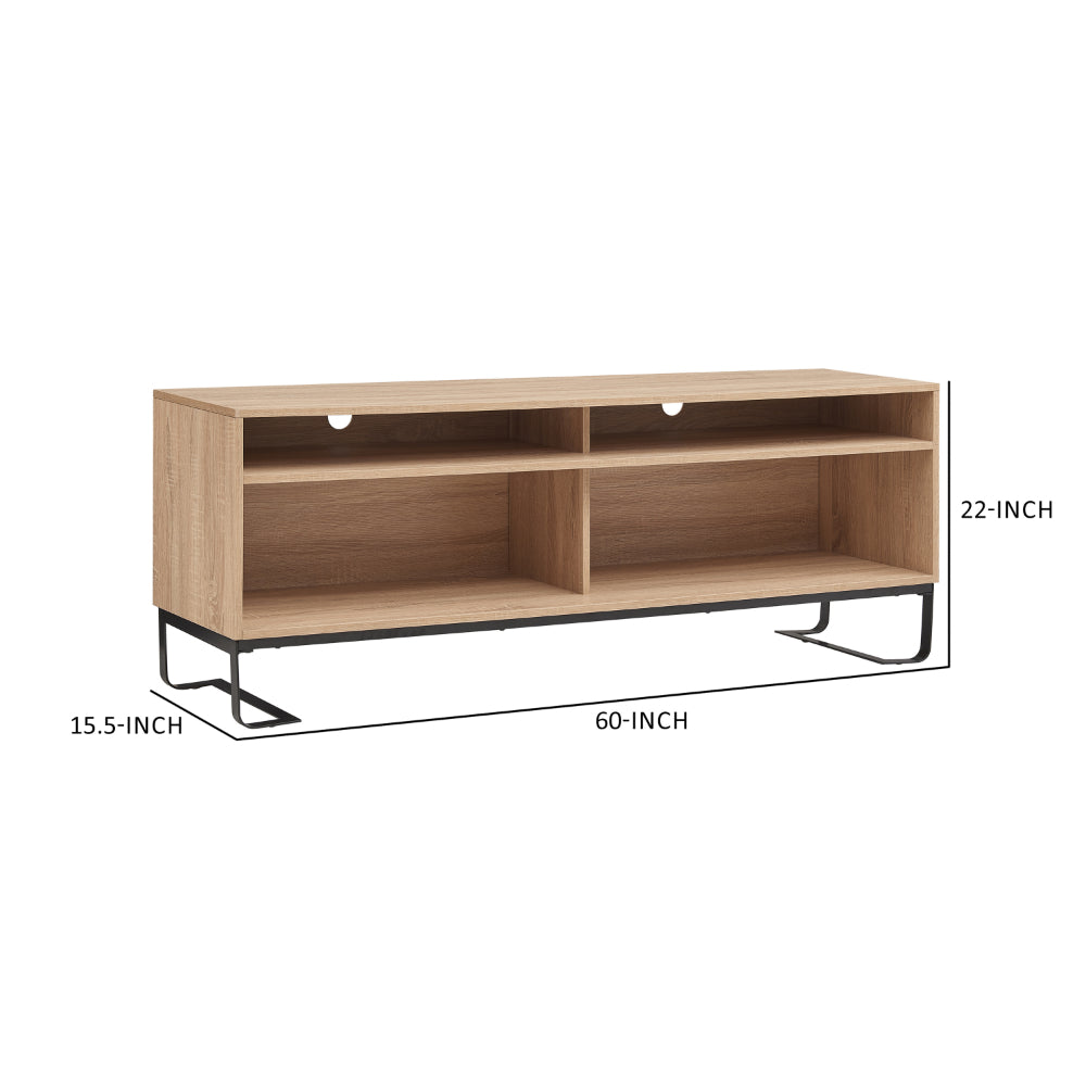 BENZARA 60 Inch Modern TV Media Entertainment Console, 4 Compartments, Metal Frame Base, Light Oak Brown - UPT-294321