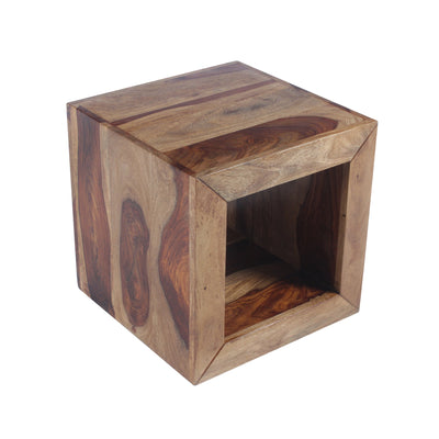 BENZARA Cube Shape Rosewood Side Table With Cutout Bottom, Brown - UPT‐30350