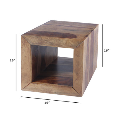 BENZARA Cube Shape Rosewood Side Table With Cutout Bottom, Brown - UPT‐30350