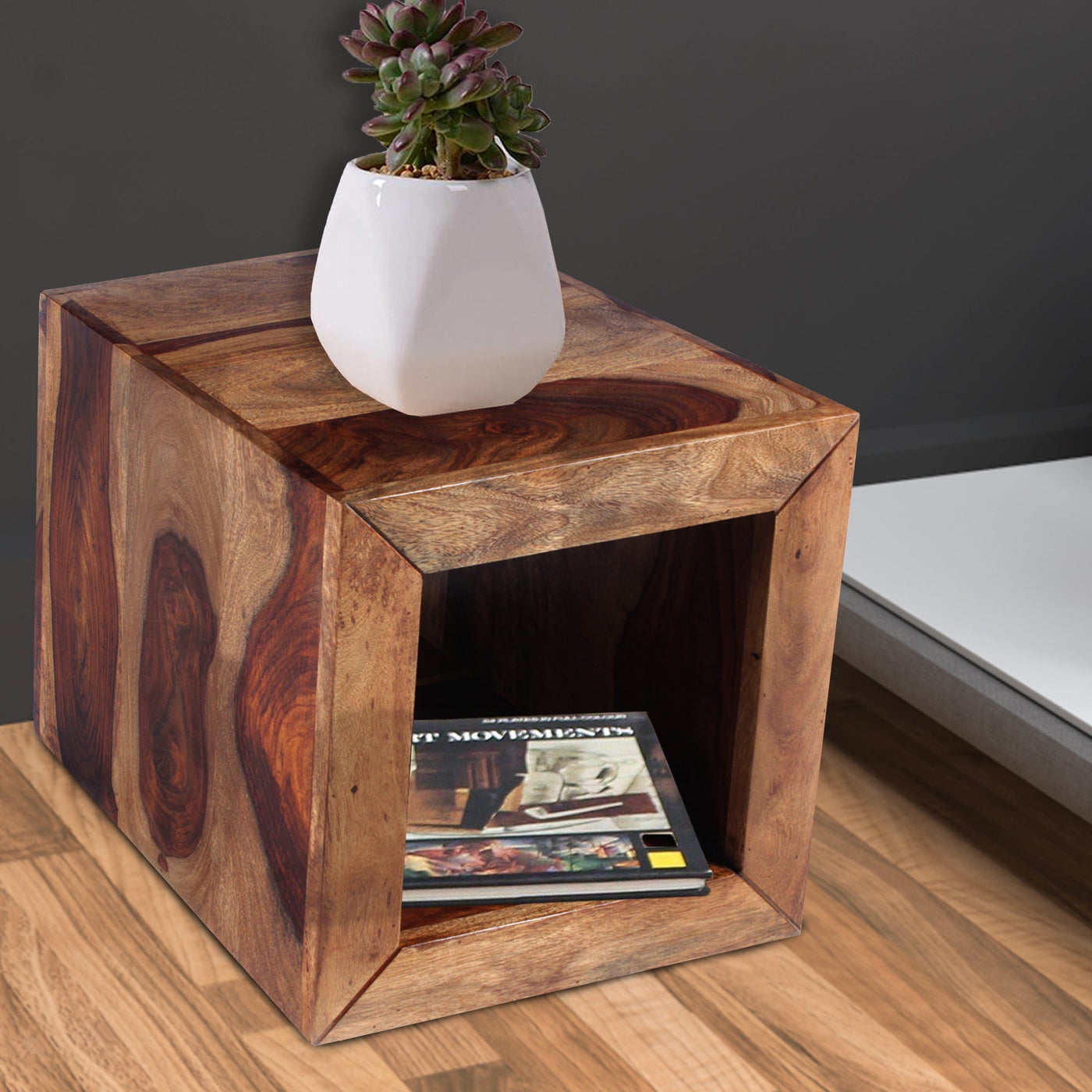 BENZARA Cube Shape Rosewood Side Table With Cutout Bottom, Brown - UPT‐30350