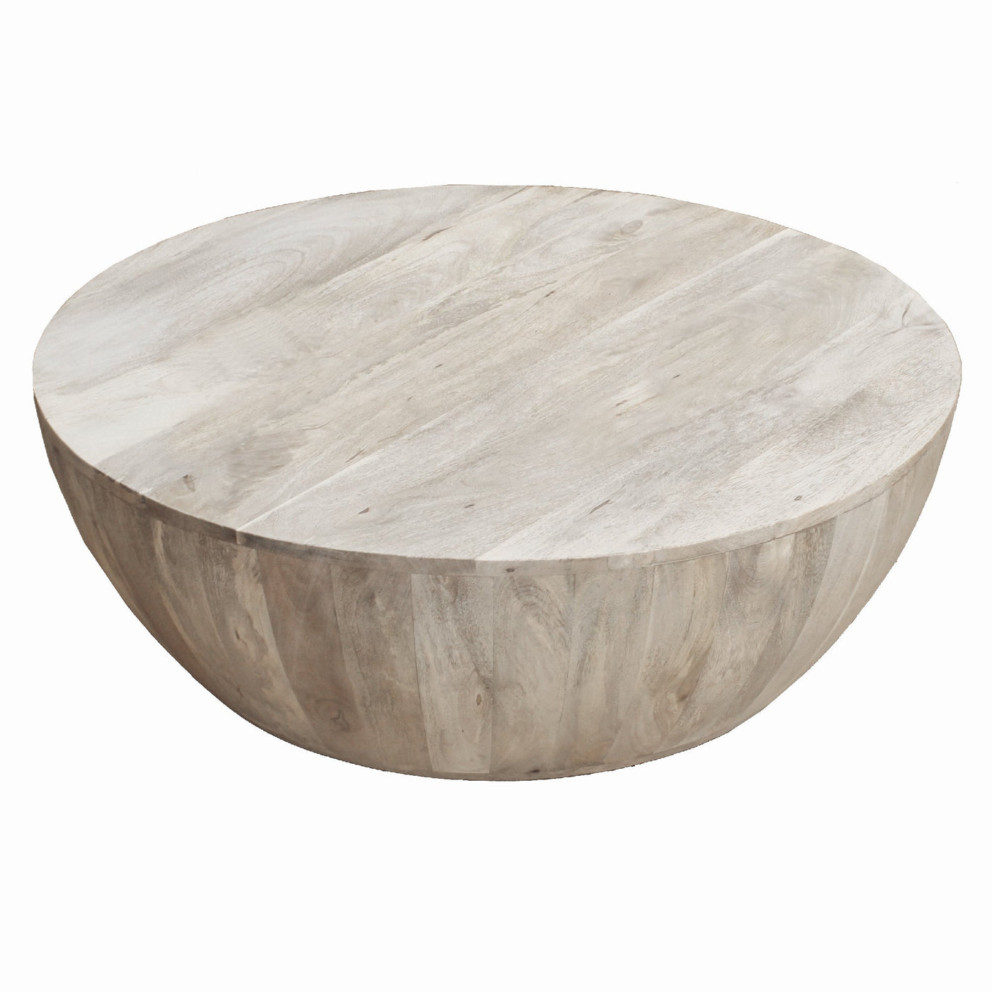 BENZARA 12 Inch Round Mango Wood Coffee Table, Subtle Grains, Distressed White - UPT-32181