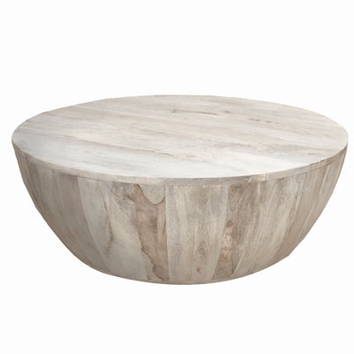 BENZARA 12 Inch Round Mango Wood Coffee Table, Subtle Grains, Distressed White - UPT-32181