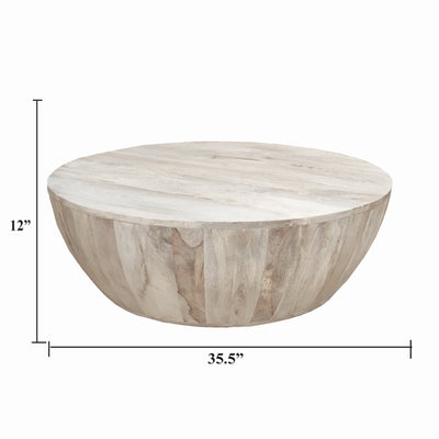 BENZARA 12 Inch Round Mango Wood Coffee Table, Subtle Grains, Distressed White - UPT-32181