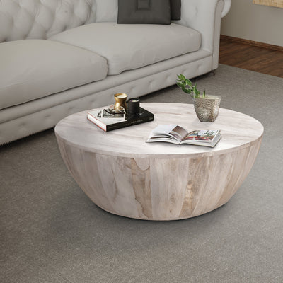 BENZARA 12 Inch Round Mango Wood Coffee Table, Subtle Grains, Distressed White - UPT-32181