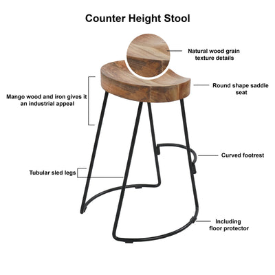 BENZARA Ela 24 Inch Counter Height Stool, Mango Wood Saddle Seat, Iron Frame, Brown and Black - UPT-37910