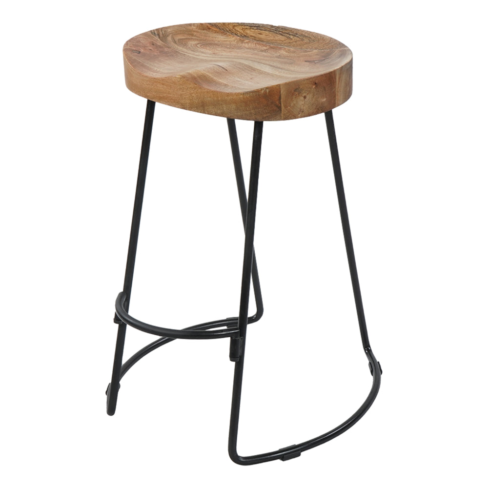 BENZARA Ela 24 Inch Counter Height Stool, Mango Wood Saddle Seat, Iron Frame, Brown and Black - UPT-37910