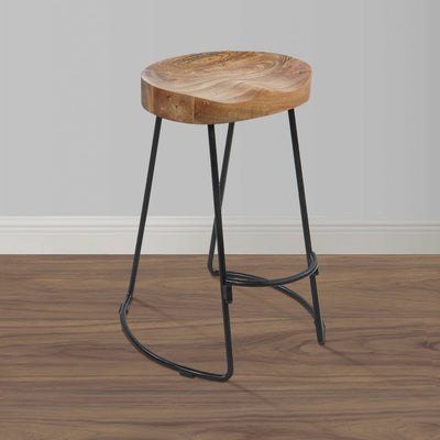 BENZARA Ela 24 Inch Counter Height Stool, Mango Wood Saddle Seat, Iron Frame, Brown and Black - UPT-37910