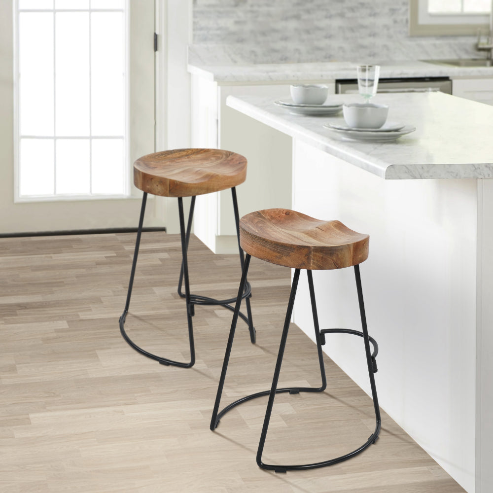 BENZARA Ela 24 Inch Counter Height Stool, Mango Wood Saddle Seat, Iron Frame, Brown and Black - UPT-37910