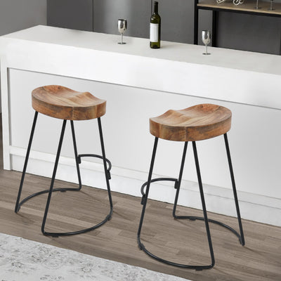 BENZARA Ela 24 Inch Counter Height Stool, Mango Wood Saddle Seat, Iron Frame, Brown and Black - UPT-37910