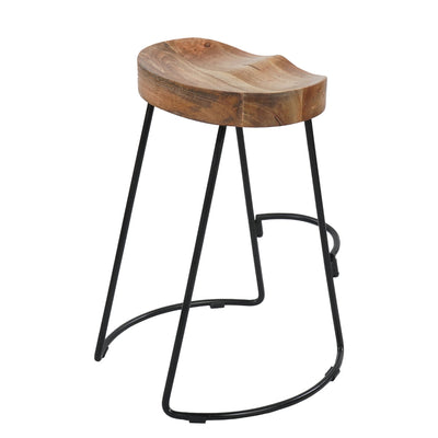 BENZARA Ela 24 Inch Counter Height Stool, Mango Wood Saddle Seat, Iron Frame, Brown and Black - UPT-37910