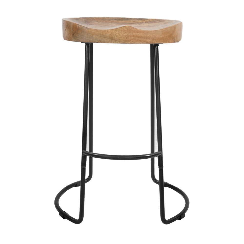 BENZARA Ela 24 Inch Counter Height Stool, Mango Wood Saddle Seat, Iron Frame, Brown and Black - UPT-37910