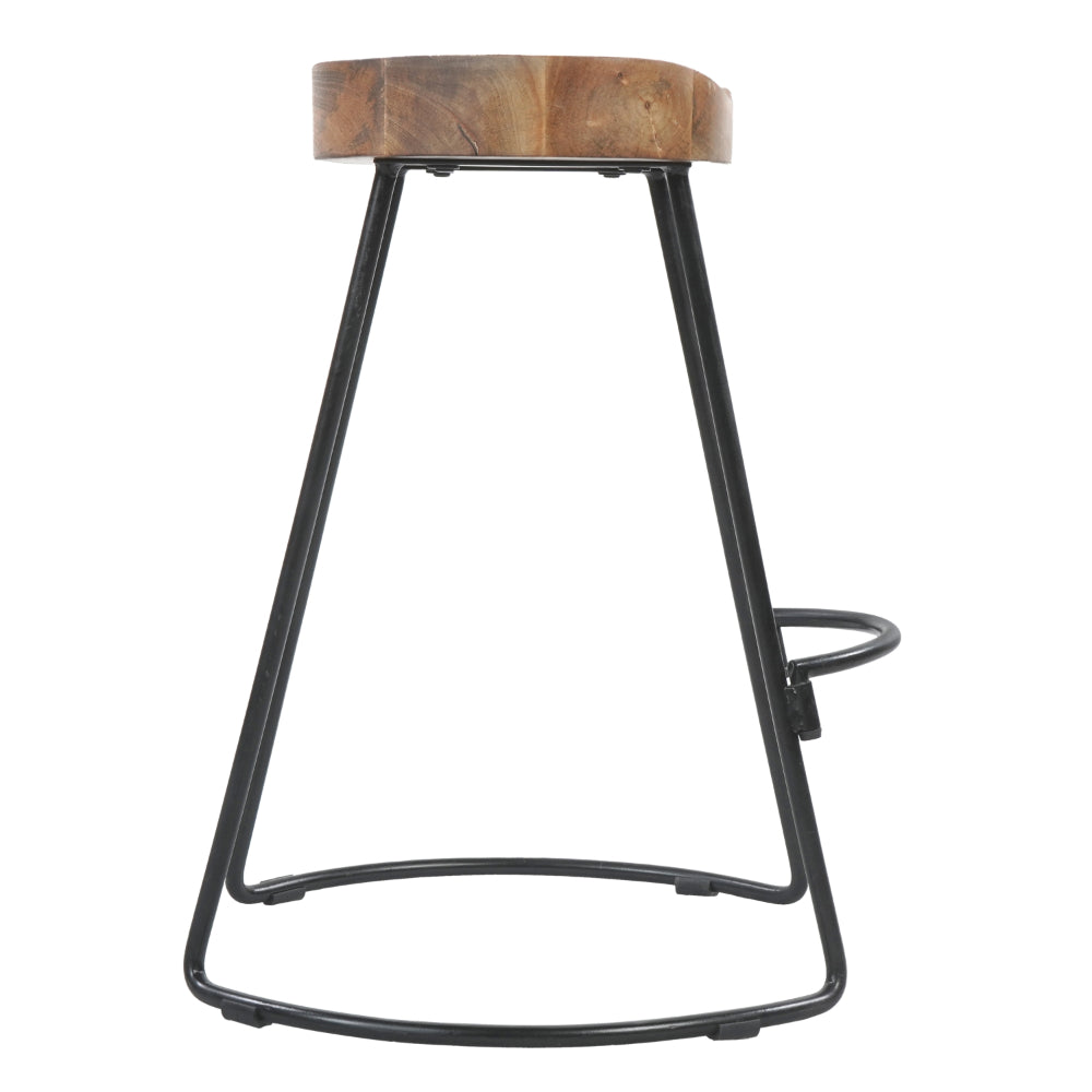 BENZARA Ela 24 Inch Counter Height Stool, Mango Wood Saddle Seat, Iron Frame, Brown and Black - UPT-37910