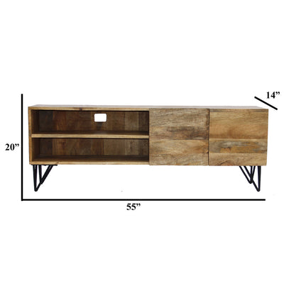 BENZARA Industrial Style Mango Wood and Metal Tv Stand With Storage Cabinet, Brown - UPT-38930