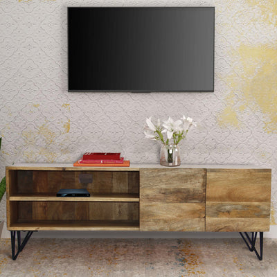 BENZARA Industrial Style Mango Wood and Metal Tv Stand With Storage Cabinet, Brown - UPT-38930