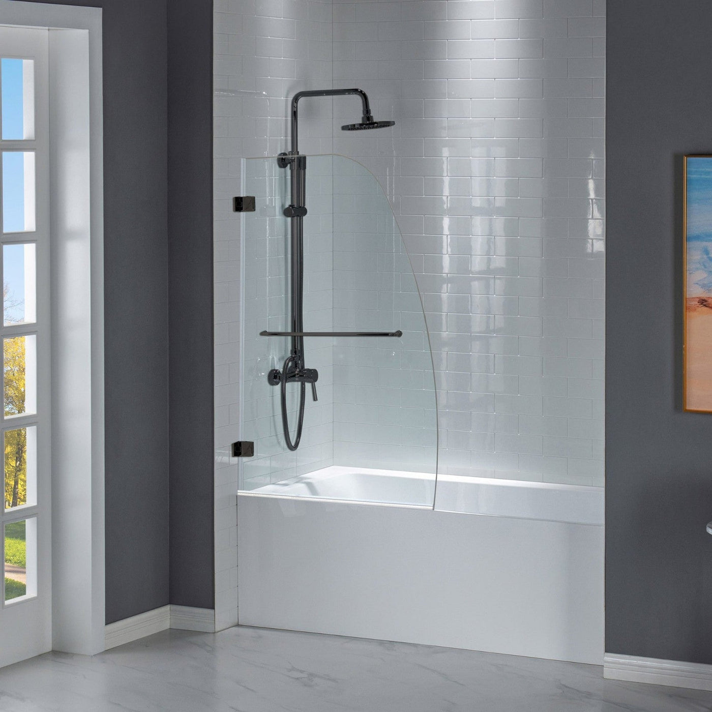 WoodBridge 35" W x 58" H Clear Tempered Glass Frameless Hinged Shower Tub Door With Matte Black Towel Bar and Hardware