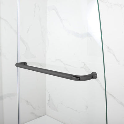 WoodBridge 35" W x 58" H Clear Tempered Glass Frameless Hinged Shower Tub Door With Matte Black Towel Bar and Hardware