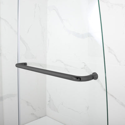 WoodBridge 35" W x 58" H Clear Tempered Glass Frameless Hinged Shower Tub Door With Matte Black Towel Bar and Hardware