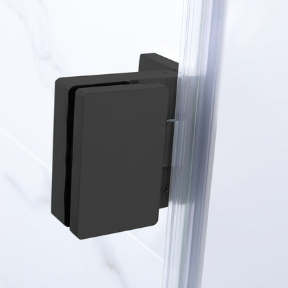 WoodBridge 35" W x 58" H Clear Tempered Glass Frameless Hinged Shower Tub Door With Matte Black Towel Bar and Hardware