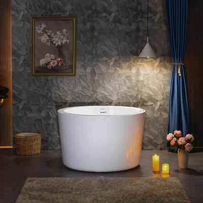 WoodBridge 41" White Acrylic Round Freestanding Whirlpool Heated Jetted Tub With Pre-molded Seat, Chrome Pop-Up Drain and Overflow