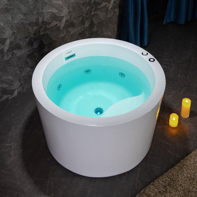 WoodBridge 41" White Acrylic Round Freestanding Whirlpool Heated Jetted Tub With Pre-molded Seat, Chrome Pop-Up Drain and Overflow