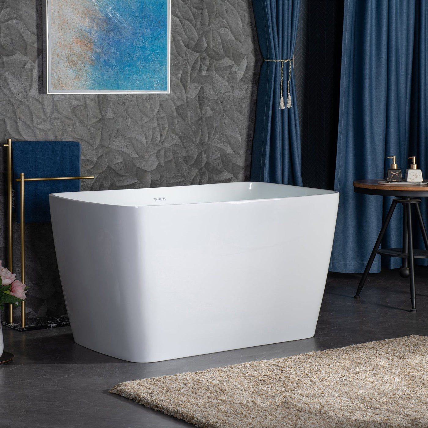 WoodBridge 48" White Acrylic Freestanding Rectangular Air Bath Bathtub With Pre-molded Seat and Chrome Pop-Up Drain and Overflow