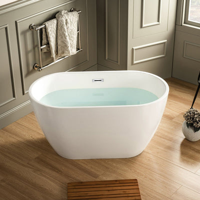 WoodBridge 48" White Freestanding Soaking Bathtub With Chrome Overflow and Drain