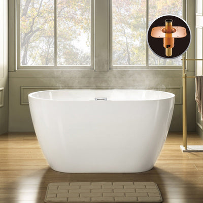 WoodBridge 48" White Freestanding Soaking Bathtub With Chrome Overflow and Drain