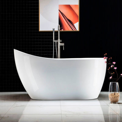 WoodBridge 54" White Acrylic Freestanding Soaking Bathtub With Chrome Drain and Overflow