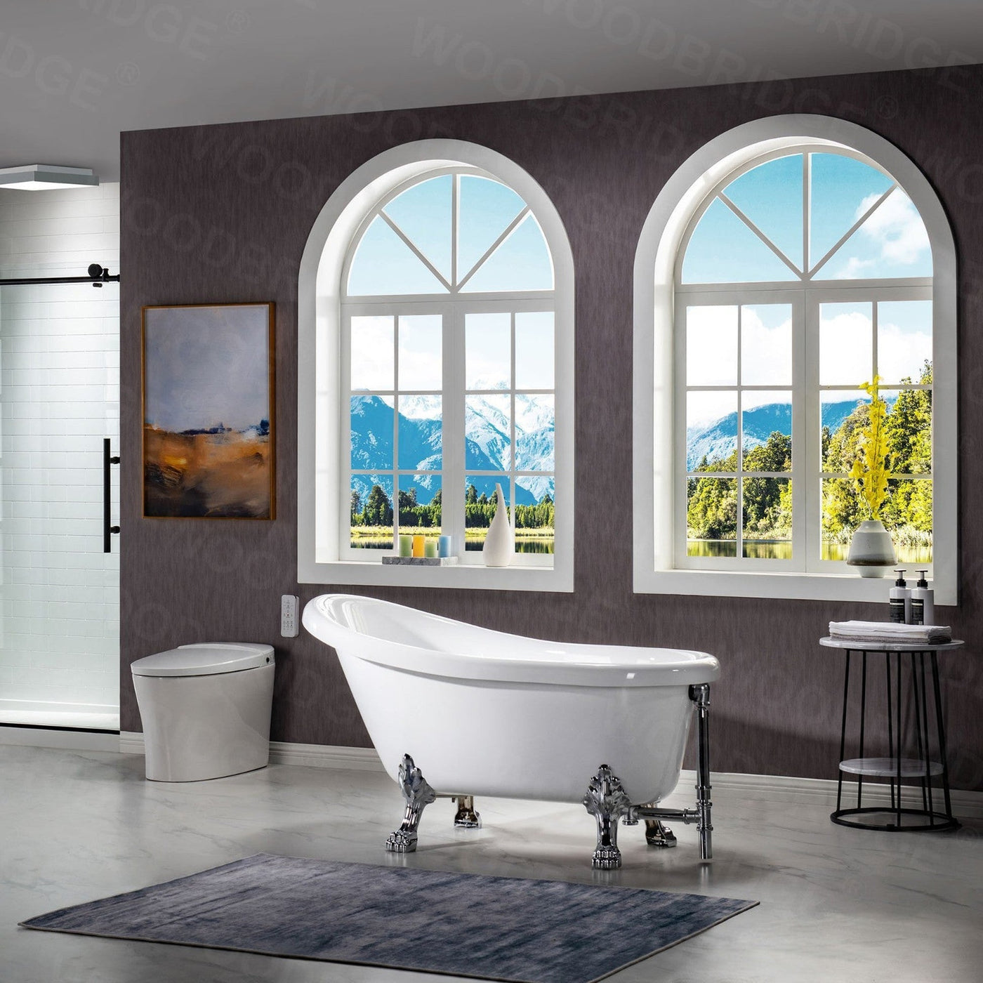 WoodBridge 54" White Acrylic Slipper Clawfoot Bath Tub With Chrome Feet, Drain and Overflow