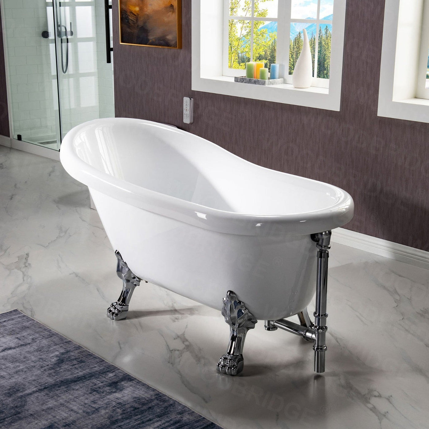 WoodBridge 54" White Acrylic Slipper Clawfoot Bath Tub With Chrome Feet, Drain and Overflow