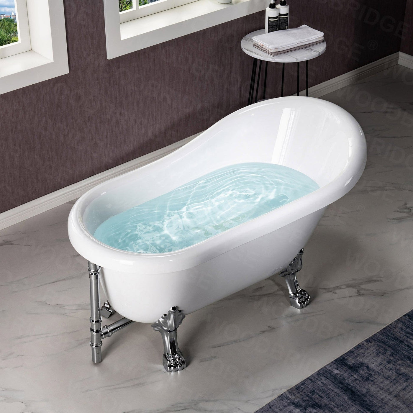 WoodBridge 54" White Acrylic Slipper Clawfoot Bath Tub With Chrome Feet, Drain and Overflow