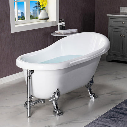 WoodBridge 54" White Acrylic Slipper Clawfoot Bath Tub With Chrome Feet, Drain and Overflow