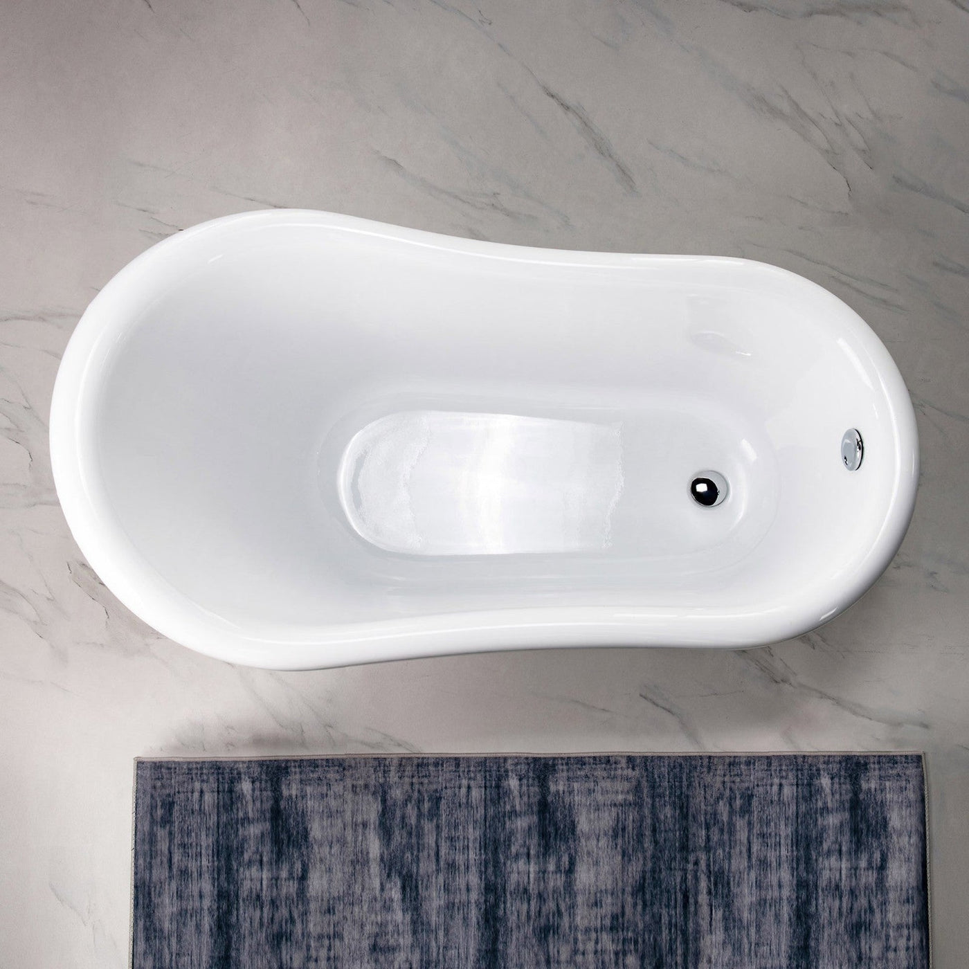 WoodBridge 54" White Acrylic Slipper Clawfoot Bath Tub With Chrome Feet, Drain and Overflow