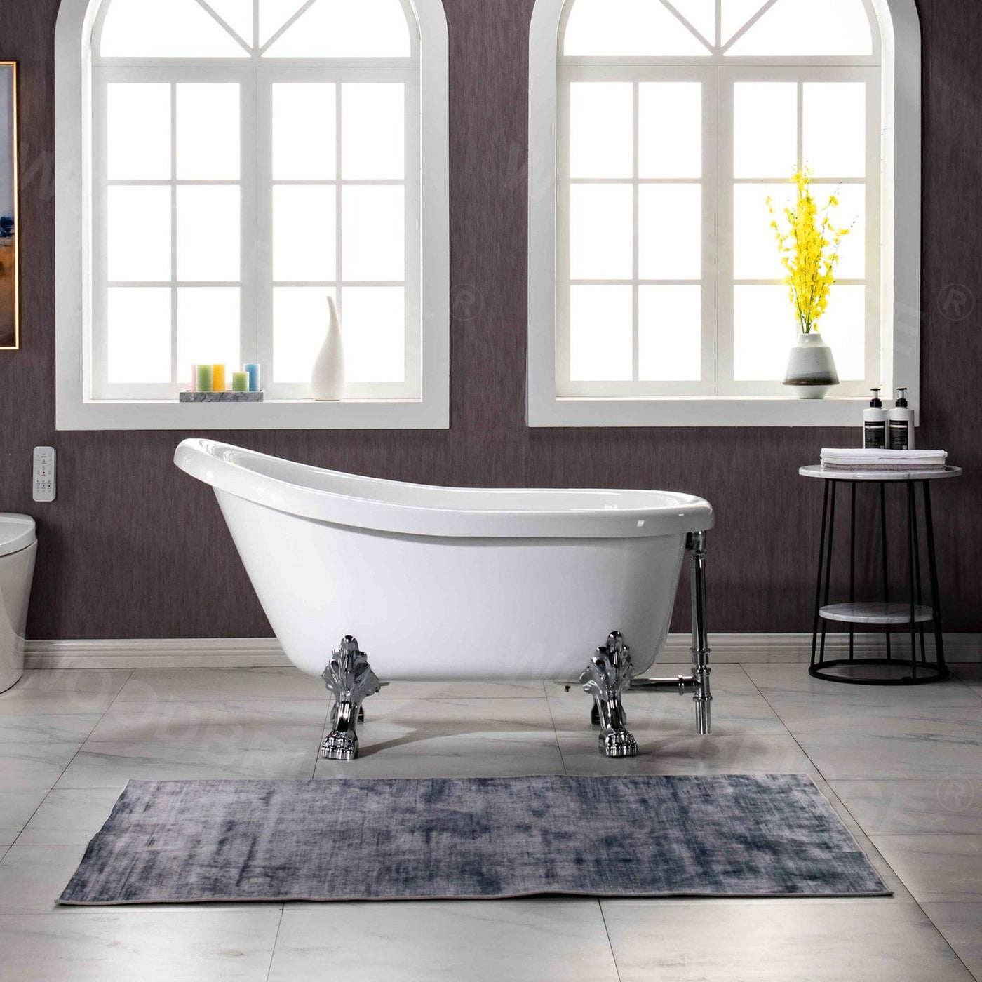 WoodBridge 54" White Acrylic Slipper Clawfoot Bath Tub With Chrome Feet, Drain and Overflow