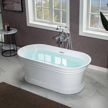 WoodBridge 59" Glossy White Lucite Acrylic Freestanding Double Ended Soaking Bathtub With Chrome Center Drain Assembly and Overflow