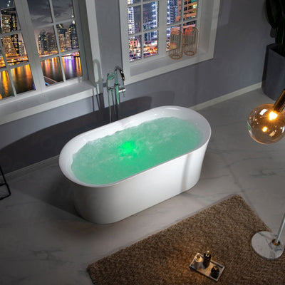 WoodBridge 59" White Acrylic Freestanding Air Bubble Soaking Bathtub With Chrome Overflow and Drain Finish