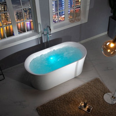 WoodBridge 59" White Acrylic Freestanding Air Bubble Soaking Bathtub With Chrome Overflow and Drain Finish