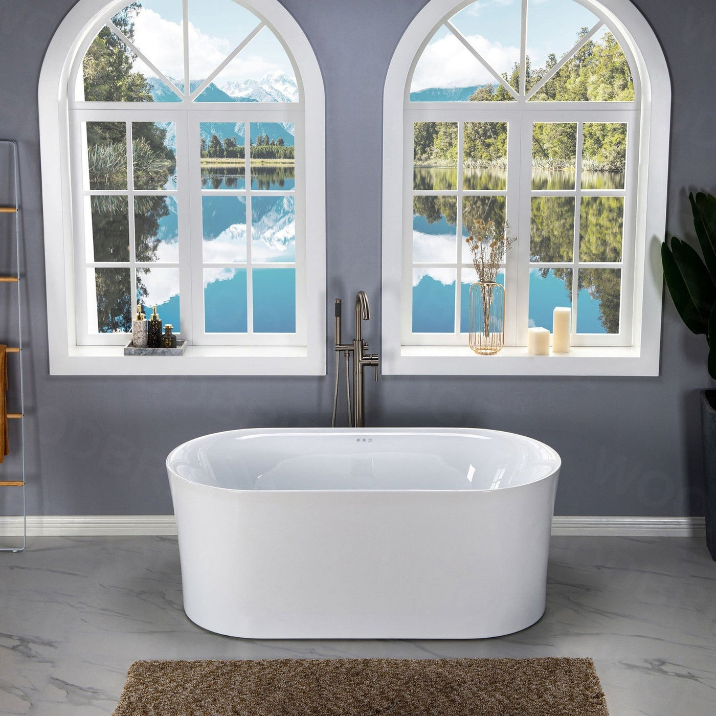 WoodBridge 59" White Acrylic Freestanding Air Bubble Soaking Bathtub With Chrome Overflow and Drain Finish