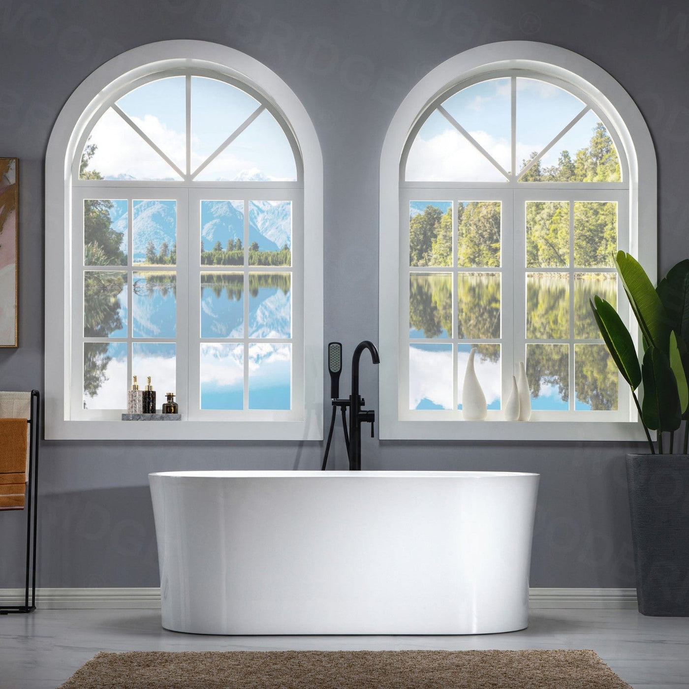 WoodBridge 59" White Acrylic Freestanding Air Bubble Soaking Bathtub With Chrome Overflow and Drain Finish