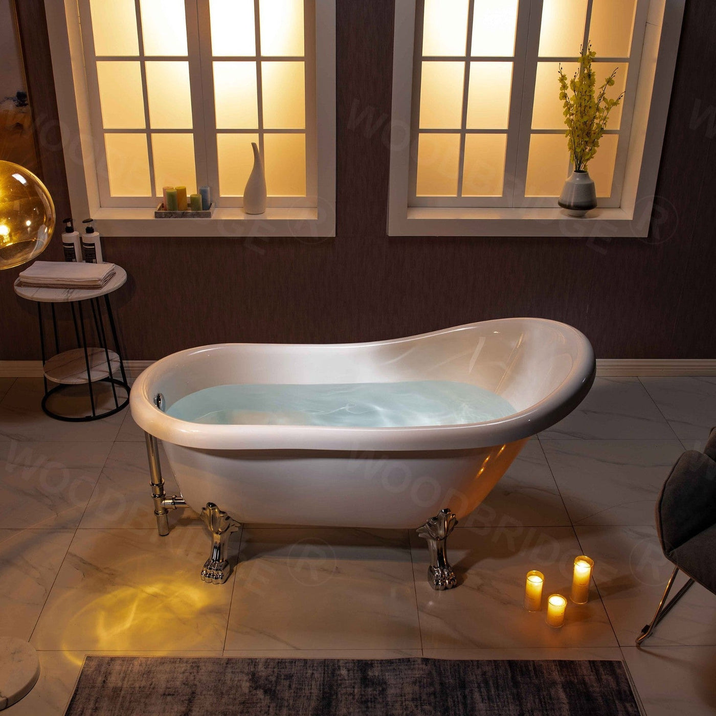 WoodBridge 59" White Acrylic Slipper Clawfoot Bath Tub With Chrome Feet, Drain and Overflow