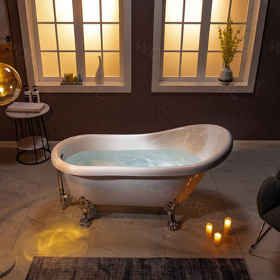 WoodBridge 59" White Acrylic Slipper Clawfoot Bath Tub With Chrome Feet, Drain and Overflow