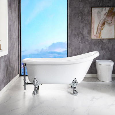 WoodBridge 59" White Acrylic Slipper Clawfoot Bath Tub With Chrome Feet, Drain and Overflow