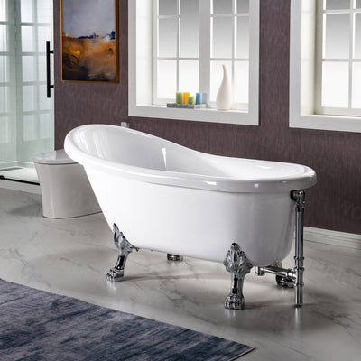 WoodBridge 59" White Acrylic Slipper Clawfoot Bath Tub With Chrome Feet, Drain and Overflow