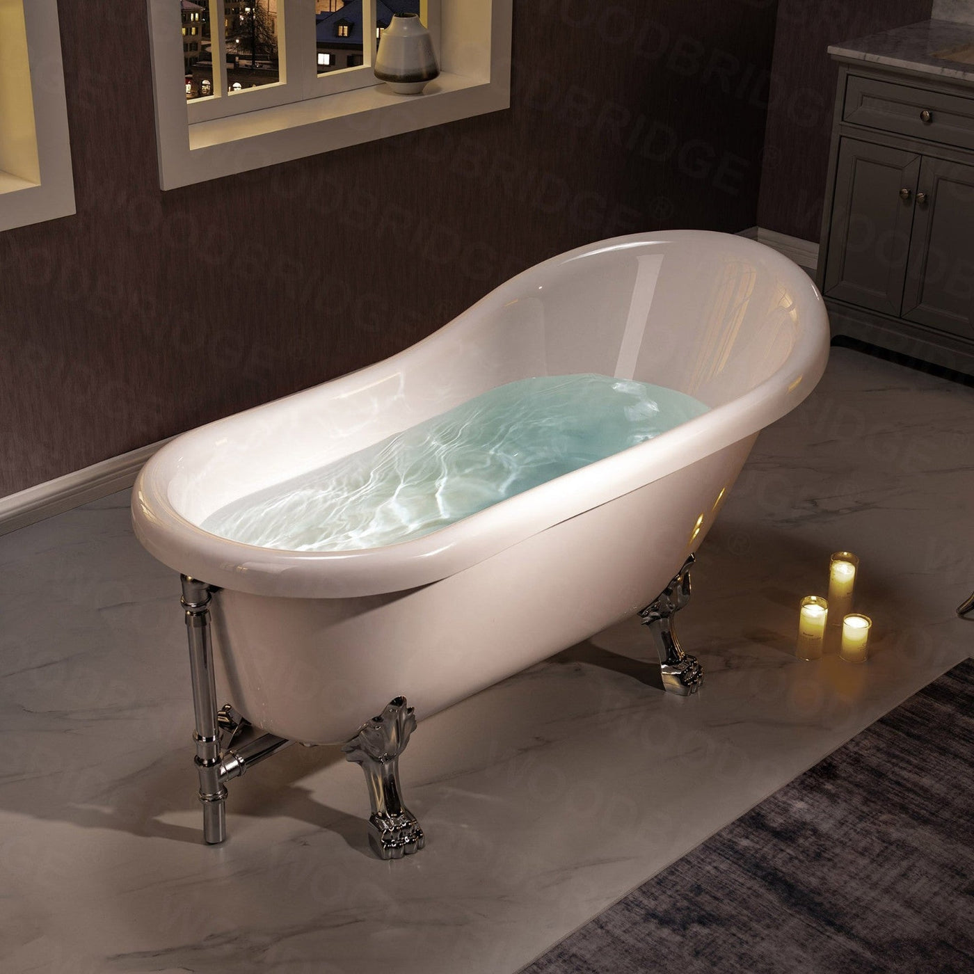 WoodBridge 59" White Acrylic Slipper Clawfoot Bath Tub With Chrome Feet, Drain and Overflow