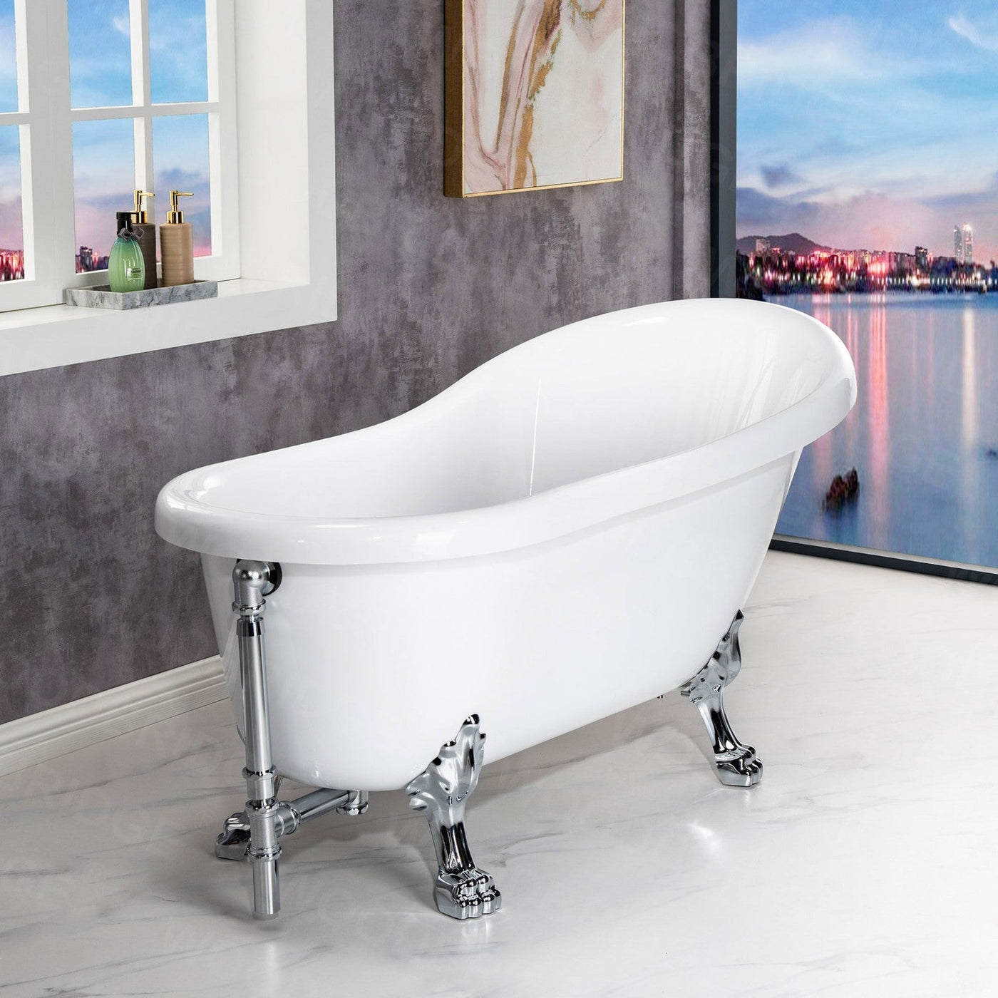 WoodBridge 59" White Acrylic Slipper Clawfoot Bath Tub With Chrome Feet, Drain and Overflow