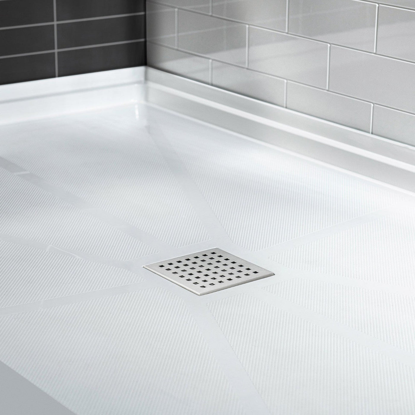 WoodBridge 60" x 36" White Solid Surface Shower Base Center Drain Location With Brushed Nickel Trench Drain Cover