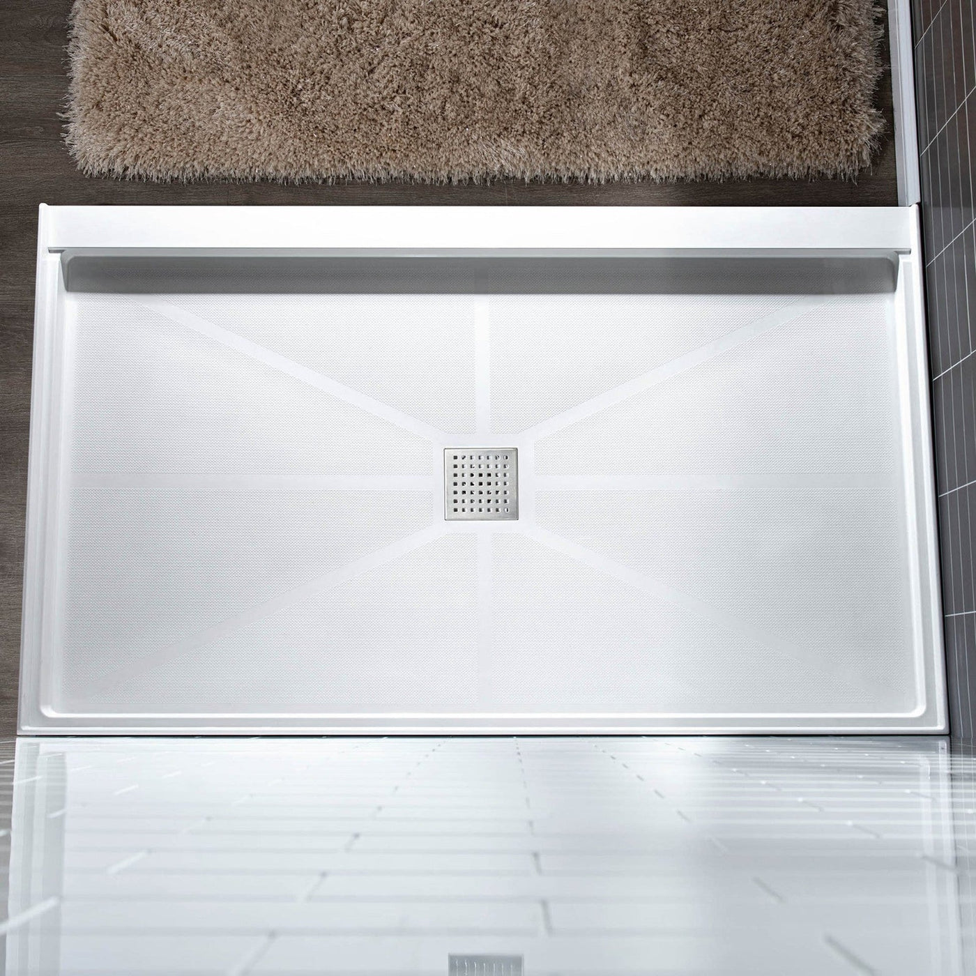 WoodBridge 60" x 36" White Solid Surface Shower Base Center Drain Location With Brushed Nickel Trench Drain Cover