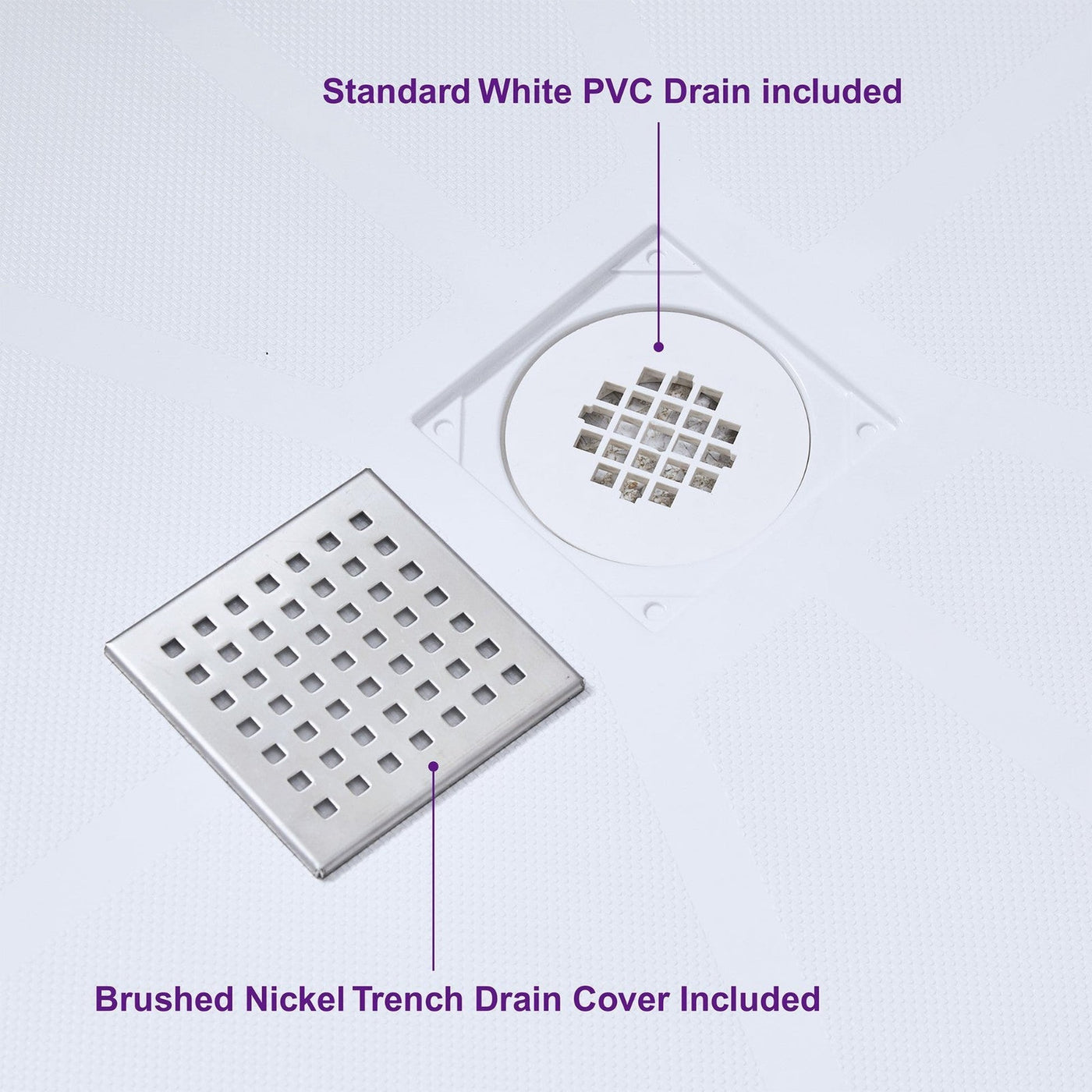 WoodBridge 60" x 36" White Solid Surface Shower Base Center Drain Location With Brushed Nickel Trench Drain Cover